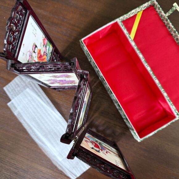 Vintage 2-Sided Hand Painted Marble Articles 4-panel Table Screen China Flowers - Picture 8 of 16